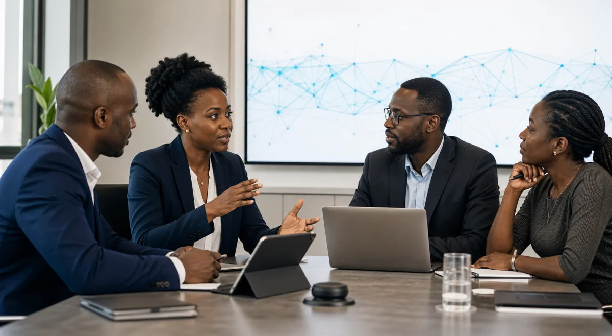 Consultores negros em reunião de tecnologia